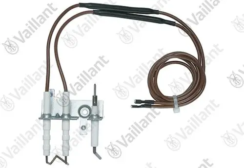 Zünd- und Überwachungselektrode von Vaillant mit mehreren Kabeln und Anschlüssen. Das Teil zeigt weiße Keramikelemente und eine Metallbasis zur Befestigung.